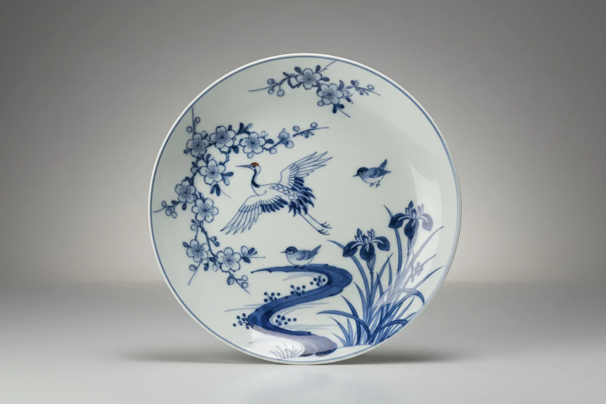 Blue and white crane pattern decorative plate